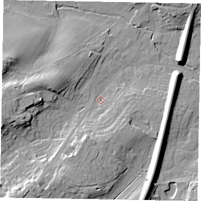 Shaded relief map of the ground around GU195AE, computed from Environment Agency LiDAR. The ground here sits at about 62 m above sea level and falls 26 m across the surrounding 800 m. Surface water reaching this point runs off ground lying to the south-south-west, 15.4 m higher.