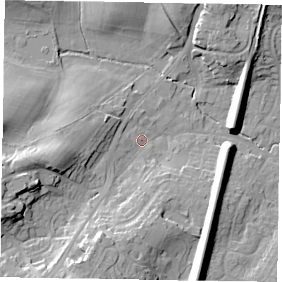 Shaded relief map of the ground around GU195AF, computed from Environment Agency LiDAR. The ground here sits at about 60 m above sea level and falls 21 m across the surrounding 800 m. Surface water reaching this point runs off ground lying to the west-south-west, 16.2 m higher.