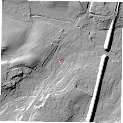 Shaded relief map of the ground around GU195AG, computed from Environment Agency LiDAR. The ground here sits at about 60 m above sea level and falls 22 m across the surrounding 800 m. Surface water reaching this point runs off ground lying to the south-south-west, 16.7 m higher.