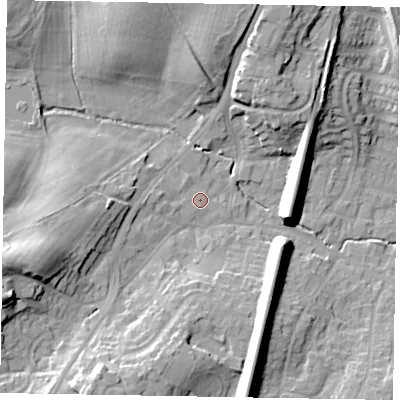 Shaded relief map of the ground around GU195AH, computed from Environment Agency LiDAR. The ground here sits at about 58 m above sea level and falls 21 m across the surrounding 800 m. Surface water reaching this point runs off ground lying to the west-south-west, 2.1 m higher.