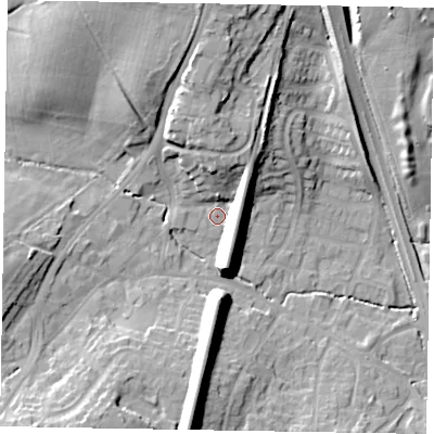 Shaded relief map of the ground around GU195AJ, computed from Environment Agency LiDAR. The ground here sits at about 56 m above sea level and falls 21 m across the surrounding 800 m. Surface water reaching this point runs off ground lying to the north, 13.4 m higher.