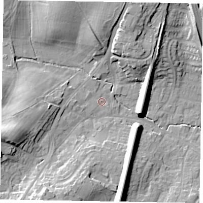 Shaded relief map of the ground around GU195AL, computed from Environment Agency LiDAR. The ground here sits at about 57 m above sea level and falls 20 m across the surrounding 800 m. Surface water reaching this point runs off ground lying to the south-west, 1.6 m higher.