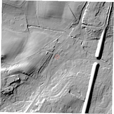 Shaded relief map of the ground around GU195AQ, computed from Environment Agency LiDAR. The ground here sits at about 60 m above sea level and falls 21 m across the surrounding 800 m. Surface water reaching this point runs off ground lying to the south-west, 2.1 m higher.