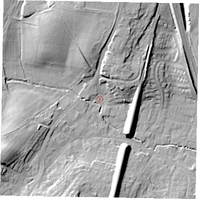 Shaded relief map of the ground around GU195AR, computed from Environment Agency LiDAR. The ground here sits at about 56 m above sea level and falls 20 m across the surrounding 800 m. Surface water reaching this point runs off ground lying to the west-south-west, 16.9 m higher.