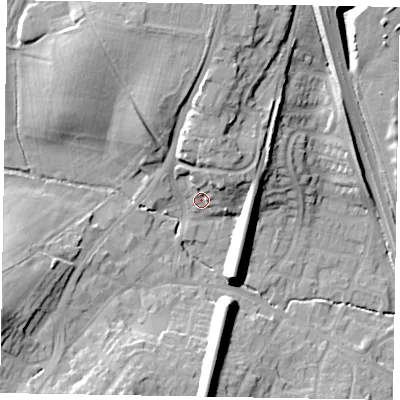 Shaded relief map of the ground around GU195AT, computed from Environment Agency LiDAR. The ground here sits at about 58 m above sea level and falls 19 m across the surrounding 800 m. Surface water reaching this point runs off ground lying to the north-east, 8.0 m higher.