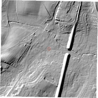 Shaded relief map of the ground around GU195AX, computed from Environment Agency LiDAR. The ground here sits at about 58 m above sea level and falls 21 m across the surrounding 800 m. Surface water reaching this point runs off ground lying to the south-west, 17.1 m higher.
