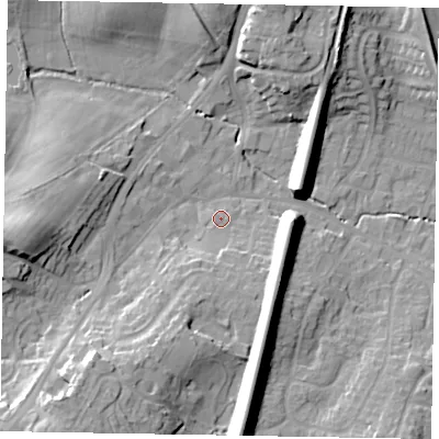 Shaded relief map of the ground around GU195AY, computed from Environment Agency LiDAR. The ground here sits at about 59 m above sea level and falls 22 m across the surrounding 800 m. Surface water reaching this point runs off ground lying to the south-south-west, 8.3 m higher.