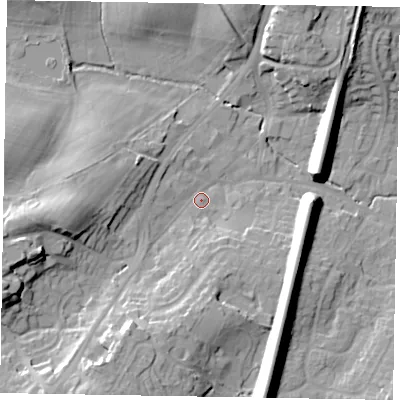 Shaded relief map of the ground around GU195AZ, computed from Environment Agency LiDAR. The ground here sits at about 60 m above sea level and falls 21 m across the surrounding 800 m. Surface water reaching this point runs off ground lying to the west-south-west, 15.5 m higher.