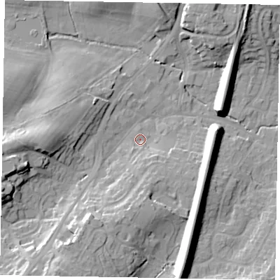 Shaded relief map of the ground around GU195BA, computed from Environment Agency LiDAR. The ground here sits at about 60 m above sea level and falls 22 m across the surrounding 800 m. Surface water reaching this point runs off ground lying to the south, 4.5 m higher.
