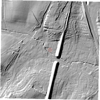 Shaded relief map of the ground around GU195BE, computed from Environment Agency LiDAR. The ground here sits at about 56 m above sea level and falls 21 m across the surrounding 800 m. Surface water reaching this point runs off ground lying to the south-west, 17.6 m higher.