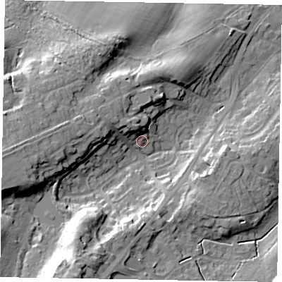 Shaded relief map of the ground around GU195DP, computed from Environment Agency LiDAR. The ground here sits at about 68 m above sea level and falls 33 m across the surrounding 800 m. Surface water reaching this point runs off ground lying to the north-west, 8.0 m higher.