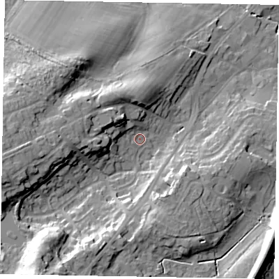Shaded relief map of the ground around GU195DR, computed from Environment Agency LiDAR. The ground here sits at about 65 m above sea level and falls 32 m across the surrounding 800 m. Surface water reaching this point runs off ground lying to the south-west, 22.6 m higher.