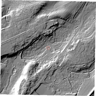 Shaded relief map of the ground around GU195DX, computed from Environment Agency LiDAR. The ground here sits at about 67 m above sea level and falls 37 m across the surrounding 800 m. Surface water reaching this point runs off ground lying to the south-south-west, 29.2 m higher.