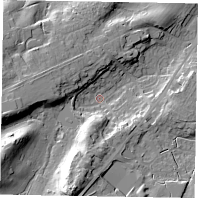 Shaded relief map of the ground around GU195DY, computed from Environment Agency LiDAR. The ground here sits at about 69 m above sea level and falls 37 m across the surrounding 800 m. Surface water reaching this point runs off ground lying to the south-south-west, 28.9 m higher.