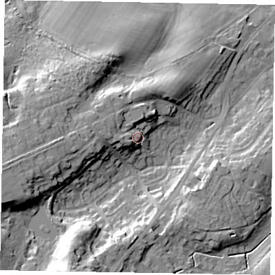 Shaded relief map of the ground around GU195EF, computed from Environment Agency LiDAR. The ground here sits at about 73 m above sea level and falls 32 m across the surrounding 800 m. Surface water reaching this point runs off ground lying to the west-north-west, 4.5 m higher.