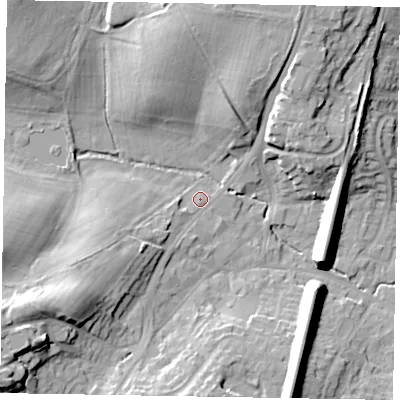 Shaded relief map of the ground around GU195HD, computed from Environment Agency LiDAR. The ground here sits at about 58 m above sea level and falls 21 m across the surrounding 800 m. Surface water reaching this point runs off ground lying to the south-west, 10.4 m higher.