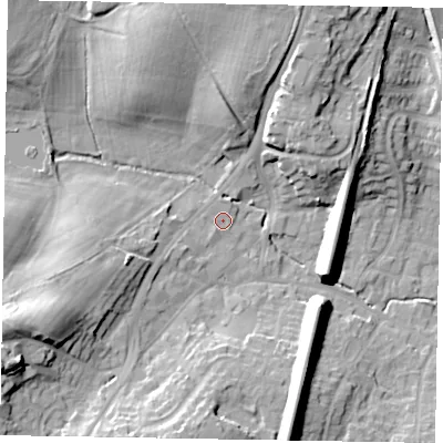 Shaded relief map of the ground around GU195HL, computed from Environment Agency LiDAR. The ground here sits at about 57 m above sea level and falls 20 m across the surrounding 800 m. Surface water reaching this point runs off ground lying to the west-south-west, 16.9 m higher.