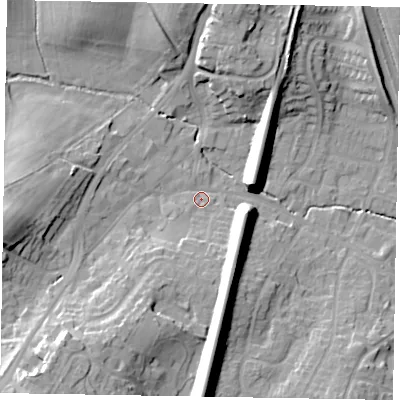 Shaded relief map of the ground around GU195JH, computed from Environment Agency LiDAR. The ground here sits at about 58 m above sea level and falls 22 m across the surrounding 800 m. Surface water reaching this point runs off ground lying to the south-west, 17.8 m higher.