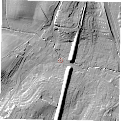 Shaded relief map of the ground around GU195JJ, computed from Environment Agency LiDAR. The ground here sits at about 56 m above sea level and falls 22 m across the surrounding 800 m. Surface water reaching this point runs off ground lying to the south-west, 19.4 m higher.