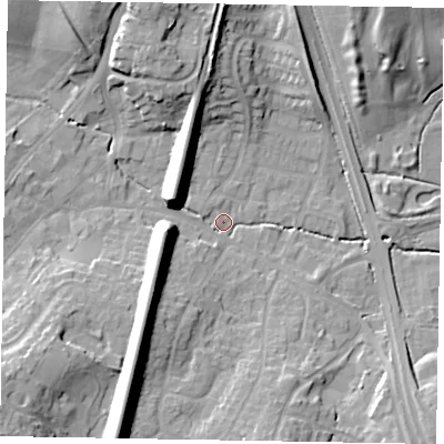 Shaded relief map of the ground around GU195JW, computed from Environment Agency LiDAR. The ground here sits at about 55 m above sea level and falls 24 m across the surrounding 800 m. Surface water reaching this point runs off ground lying to the south-west, 16.5 m higher.