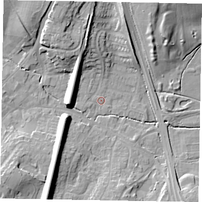 Shaded relief map of the ground around GU195LP, computed from Environment Agency LiDAR. The ground here sits at about 55 m above sea level and falls 23 m across the surrounding 800 m. Surface water reaching this point runs off ground lying to the north-north-west, 13.8 m higher.