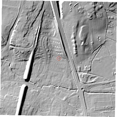 Shaded relief map of the ground around GU195NA, computed from Environment Agency LiDAR. The ground here sits at about 54 m above sea level and falls 21 m across the surrounding 800 m. Surface water reaching this point runs off ground lying to the north-west, 14.3 m higher.