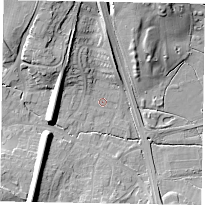 Shaded relief map of the ground around GU195NB, computed from Environment Agency LiDAR. The ground here sits at about 54 m above sea level and falls 22 m across the surrounding 800 m. Surface water reaching this point runs off ground lying to the south-west, 19.6 m higher.