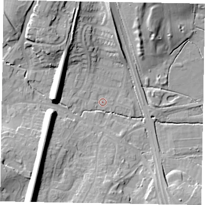 Shaded relief map of the ground around GU195ND, computed from Environment Agency LiDAR. The ground here sits at about 55 m above sea level and falls 24 m across the surrounding 800 m. Surface water reaching this point runs off ground lying to the south-west, 21.1 m higher.