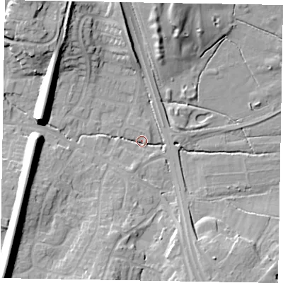 Shaded relief map of the ground around GU195NE, computed from Environment Agency LiDAR. The ground here sits at about 54 m above sea level and falls 25 m across the surrounding 800 m. Surface water reaching this point runs off ground lying to the south-south-west, 12.0 m higher.