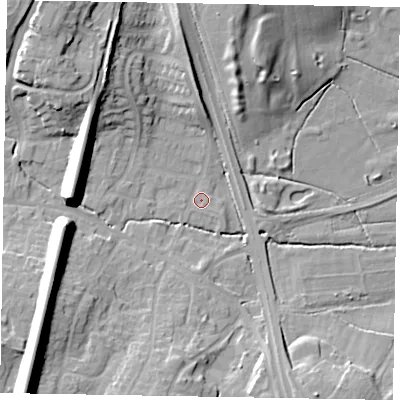 Shaded relief map of the ground around GU195NF, computed from Environment Agency LiDAR. The ground here sits at about 54 m above sea level and falls 24 m across the surrounding 800 m. Surface water reaching this point runs off ground lying to the south-west, 1.6 m higher.