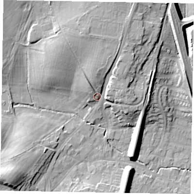 Shaded relief map of the ground around GU195PH, computed from Environment Agency LiDAR. The ground here sits at about 62 m above sea level and falls 20 m across the surrounding 800 m. Surface water reaching this point runs off ground lying to the north, 9.3 m higher.