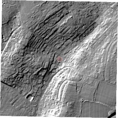 Shaded relief map of the ground around GU206AF, computed from Environment Agency LiDAR. The ground here sits at about 51 m above sea level and falls 17 m across the surrounding 800 m. Surface water reaching this point runs off ground lying to the north-north-west, 13.5 m higher.