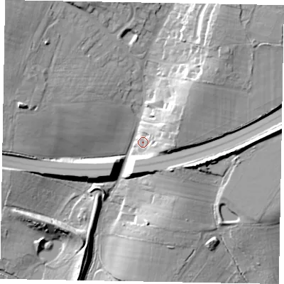 Shaded relief map of the ground around GU206BY, computed from Environment Agency LiDAR. The ground here sits at about 49 m above sea level and falls 18 m across the surrounding 800 m. Surface water reaching this point runs off ground lying to the east, 11.3 m higher.