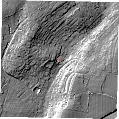 Shaded relief map of the ground around GU206DJ, computed from Environment Agency LiDAR. The ground here sits at about 51 m above sea level and falls 17 m across the surrounding 800 m. Surface water reaching this point runs off ground lying to the north-north-west, 13.5 m higher.