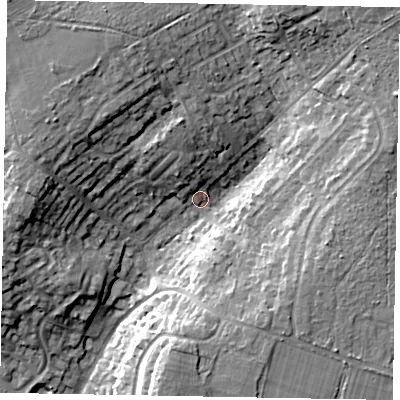 Shaded relief map of the ground around GU206EP, computed from Environment Agency LiDAR. The ground here sits at about 53 m above sea level and falls 17 m across the surrounding 800 m. Surface water reaching this point runs off ground lying to the north-north-west, 10.0 m higher.