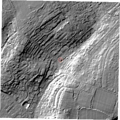 Shaded relief map of the ground around GU206ET, computed from Environment Agency LiDAR. The ground here sits at about 51 m above sea level and falls 17 m across the surrounding 800 m. Surface water reaching this point runs off ground lying to the north-north-west, 13.1 m higher.