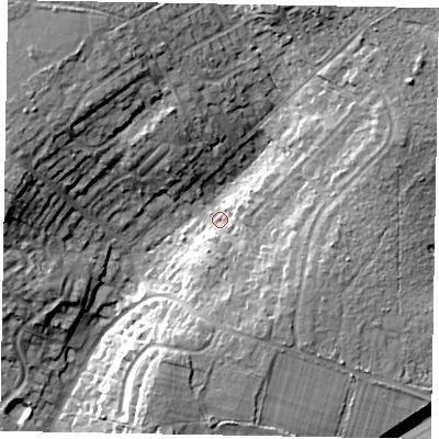Shaded relief map of the ground around GU206EX, computed from Environment Agency LiDAR. The ground here sits at about 54 m above sea level and falls 17 m across the surrounding 800 m. Surface water reaching this point runs off ground lying to the south-east, 8.1 m higher.