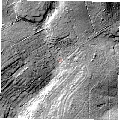 Shaded relief map of the ground around GU206HD, computed from Environment Agency LiDAR. The ground here sits at about 55 m above sea level and falls 18 m across the surrounding 800 m. Surface water reaching this point runs off ground lying to the north, 10.5 m higher.