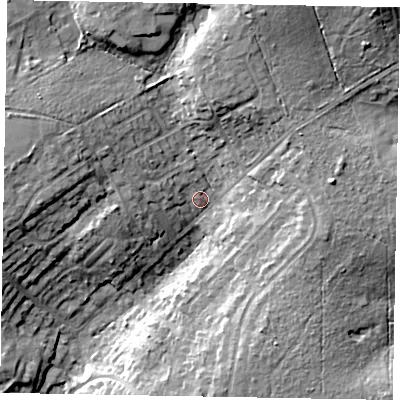 Shaded relief map of the ground around GU206HE, computed from Environment Agency LiDAR. The ground here sits at about 55 m above sea level and falls 17 m across the surrounding 800 m. Surface water reaching this point runs off ground lying to the west-north-west, 4.0 m higher.