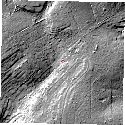 Shaded relief map of the ground around GU206HP, computed from Environment Agency LiDAR. The ground here sits at about 56 m above sea level and falls 15 m across the surrounding 800 m. Surface water reaching this point runs off ground lying to the east, 3.3 m higher.