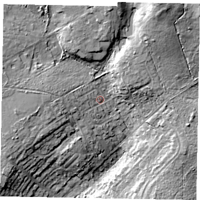 Shaded relief map of the ground around GU206JF, computed from Environment Agency LiDAR. The ground here sits at about 57 m above sea level and falls 20 m across the surrounding 800 m. Surface water reaching this point runs off ground lying to the west, 5.9 m higher.