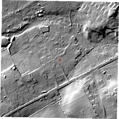 Shaded relief map of the ground around GU206LQ, computed from Environment Agency LiDAR. The ground here sits at about 57 m above sea level and falls 19 m across the surrounding 800 m. Surface water reaching this point runs off ground lying to the south-west, 1.4 m higher.