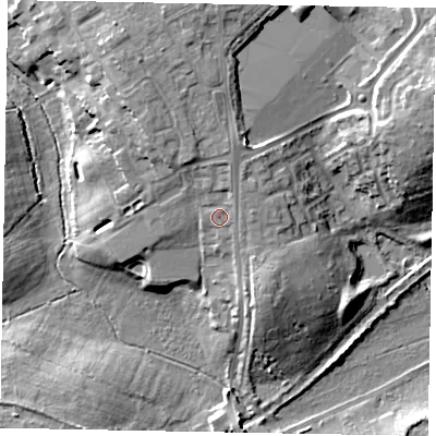 Shaded relief map of the ground around GU212RP, computed from Environment Agency LiDAR. The ground here sits at about 48 m above sea level and falls 17 m across the surrounding 800 m. Surface water reaching this point runs off ground lying to the north-north-east, 1.8 m higher.