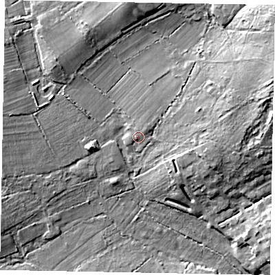 Shaded relief map of the ground around GU212SJ, computed from Environment Agency LiDAR. The ground here sits at about 44 m above sea level and falls 14 m across the surrounding 800 m. Surface water reaching this point runs off ground lying to the east-north-east, 10.4 m higher.