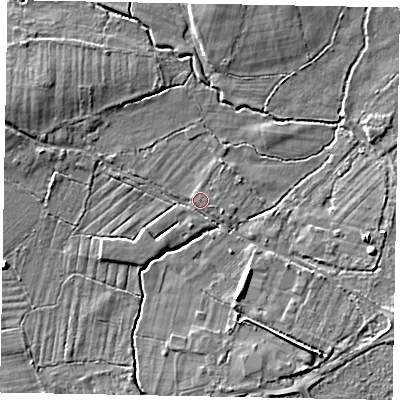 Shaded relief map of the ground around GU214XS, computed from Environment Agency LiDAR. The ground here sits at about 24 m above sea level and falls 5 m across the surrounding 800 m. Surface water reaching this point runs off ground lying to the south-east, 4.8 m higher.