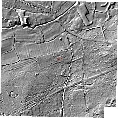 Shaded relief map of the ground around GU214XX, computed from Environment Agency LiDAR. The ground here sits at about 23 m above sea level and falls 8 m across the surrounding 800 m. Surface water reaching this point runs off ground lying to the north-east, 0.8 m higher.
