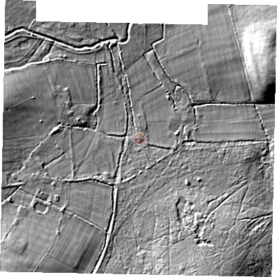 Shaded relief map of the ground around GU214YB, computed from Environment Agency LiDAR. The ground here sits at about 22 m above sea level and falls 10 m across the surrounding 800 m. Surface water reaching this point runs off ground lying to the south-south-east, 4.0 m higher.
