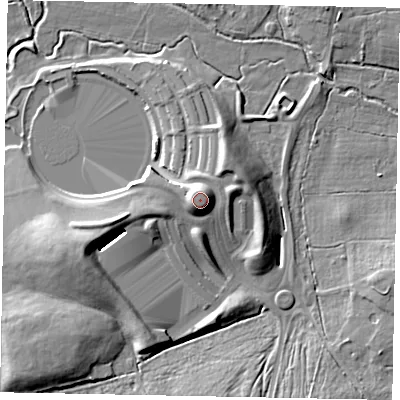 Shaded relief map of the ground around GU214YH, computed from Environment Agency LiDAR. The ground here sits at about 31 m above sea level and falls 14 m across the surrounding 800 m. Surface water reaching this point runs off ground lying to the north-north-east, 1.7 m higher.