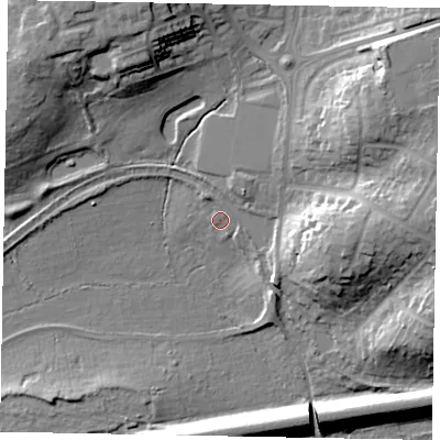 Shaded relief map of the ground around GU218XP, computed from Environment Agency LiDAR. The ground here sits at about 39 m above sea level and falls 21 m across the surrounding 800 m. Surface water reaching this point runs off ground lying to the east-north-east, 16.0 m higher.