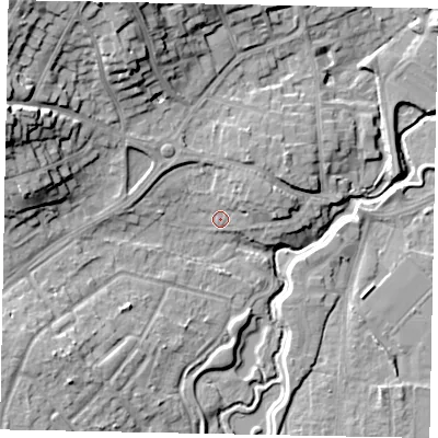 Shaded relief map of the ground around GU220AJ, computed from Environment Agency LiDAR. The ground here sits at about 26 m above sea level and falls 20 m across the surrounding 800 m. Surface water reaching this point runs off ground lying to the north-east, 4.1 m higher.